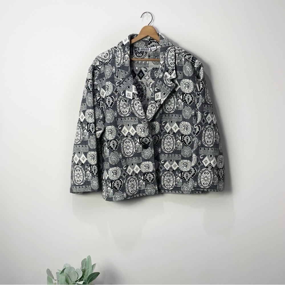 [Chico's] Black & White Boho Tapestry Print Button Front Blazer Jacket